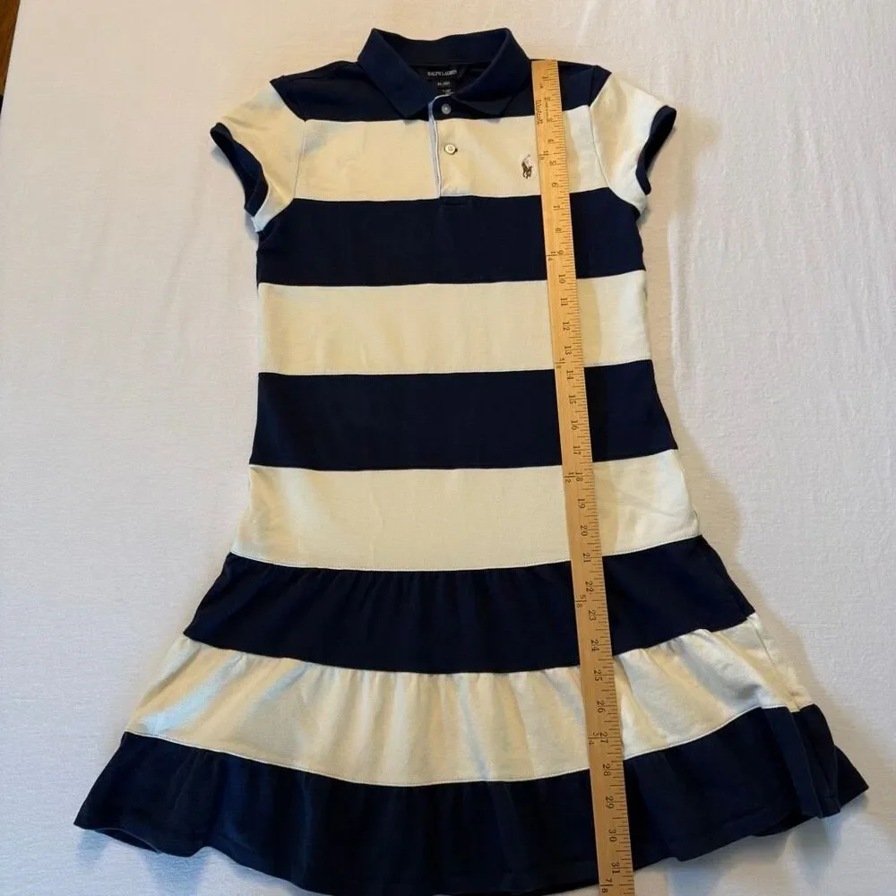 Ralph Lauren | Girls Striped Polo Dress Navy White Ruffle Hem XL 16